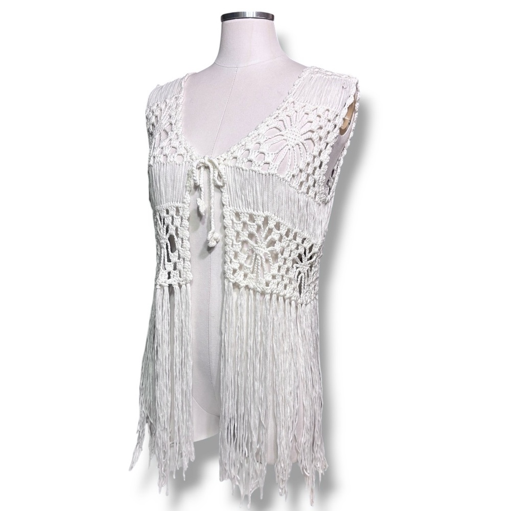 Off White Open Crochet Tie Closure Cropped Vest Long Fringe One Size